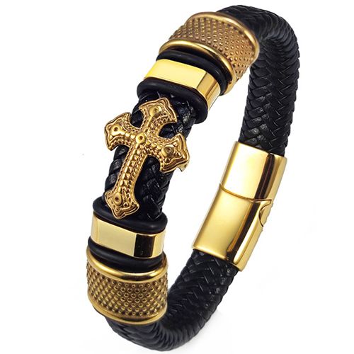 ***COI Gold Tone Titanium Cross Genuine Leather Bracelet With Steel Clasp(Length: 8.07 inches)-00002AA