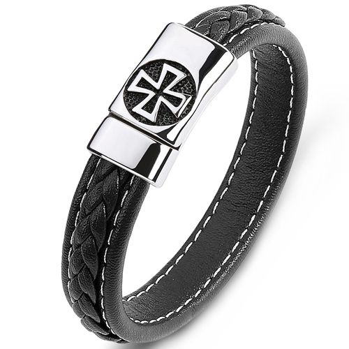 ***COI Titanium Cross Genuine Leather Bracelet With Steel Clasp(Length: 7.87 inches)-00008AA