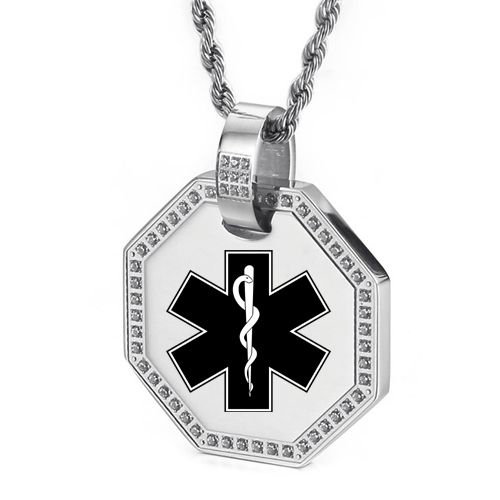 ***COI Titanium Gold Tone/Silver Medical Alert Pendant With CNC Cubic Zirconia-00110AA