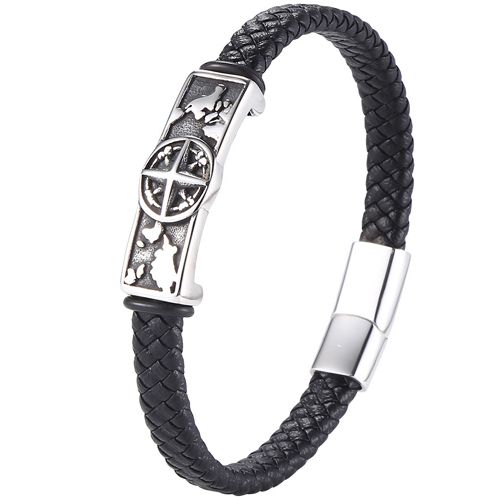 ***COI Titanium Compass & World Map Genuine Leather Bracelet With Steel Clasp(Length: 8.27 inches)-00184AA