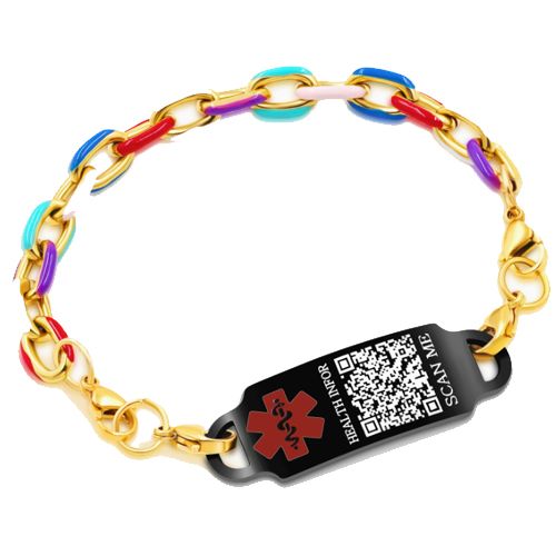 ***COI Titanium Black Gold Tone Rainbow Medical Alert Custom QR Code Health Info Bracelet With Steel Clasp(Length: 8.27 inches)-00643AA