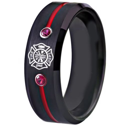 ***COI Tungsten Carbide Black Red Firefighter Ring With Created Red Ruby-00704AA