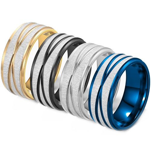 ***COI Titanium Silver Black/Gold Tone/Blue Silver Grooves Step Edges Ring-00715AA