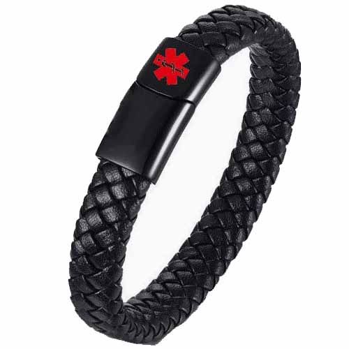 ***COI Black Titanium Medical Alert Genuine Leather Bracelet With Steel Clasp(Length: 9.05 inches)-00774AA