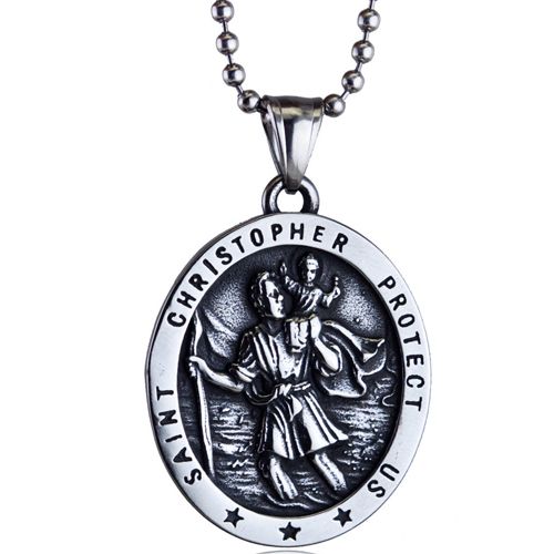 **COI Titanium Black Silver Saint Christopher Protect Us Pendant-100001AA