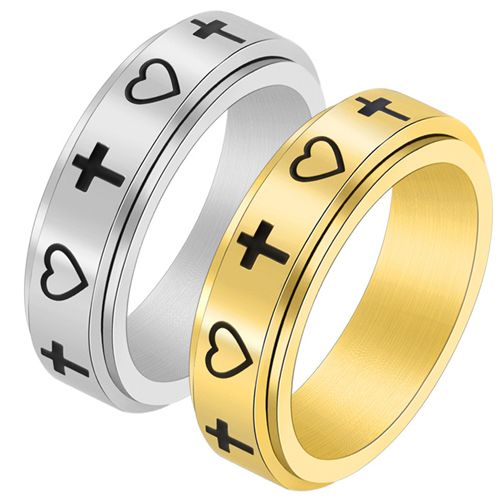 **COI Titanium Rose/Gold Tone/Silver Cross & Heart Step Edges Ring-7904AA