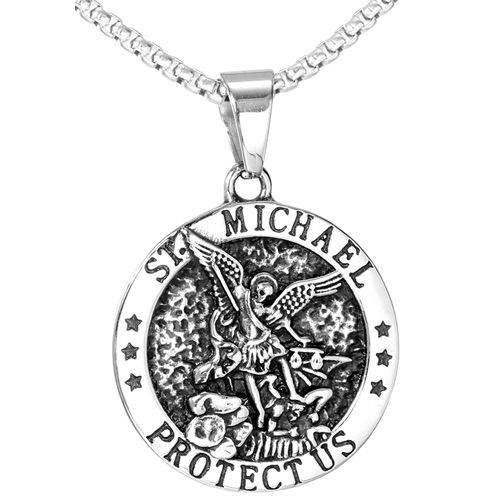 **COI Titanium Black Silver St. Michael Protect Us Pendant-9781AA