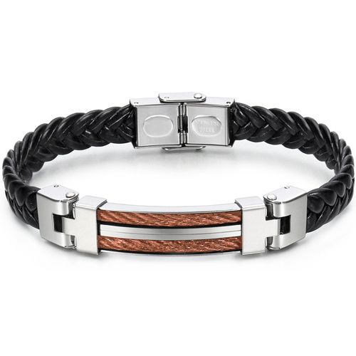 **COI Titanium Silver Black/Gold Tone/Rose Wire Black Genuine Leather Bracelet With Steel Clasp(Length: 8.27 inches)-9793AA