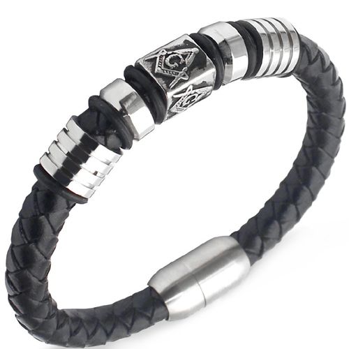 **COI Titanium Masonic Freemason Black Genuine Leather Bracelet With Steel Clasp(Length: 8.27 inches)-9798AA