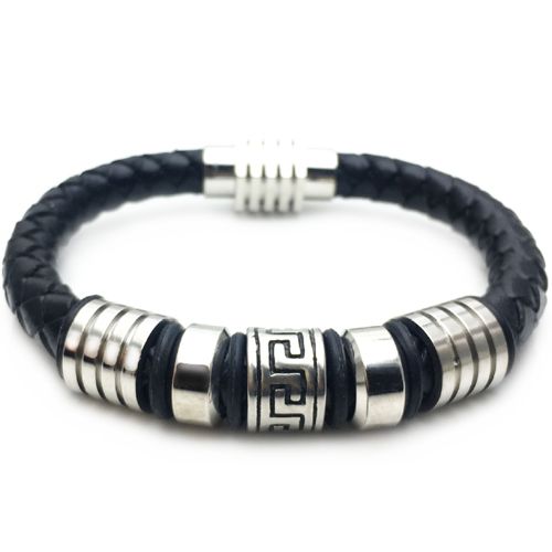 **COI Titanium Greek Key Pattern Black Genuine Leather Bracelet With Steel Clasp(Length: 8.66 inches)-9800AA