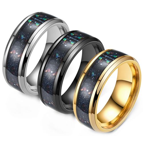 **COI Titanium Black/Gold Tone/Silver Crushed Opal Beveled Edges Ring-9805AA