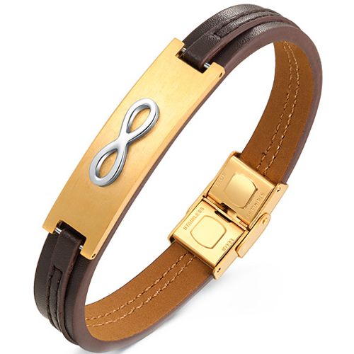 **COI Titanium Black/Gold Tone Infinity Genuine Leather Bracelet With Steel Clasp(Length: 8.27 inches)-9811AA