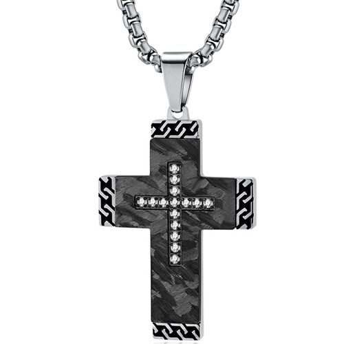 **COI Titanium Black Silver Cross Faceted Pendant With Cubic Zirconia-9814AA