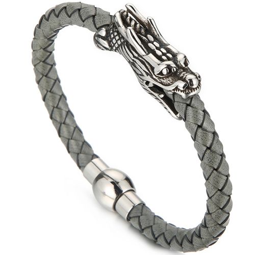 **COI Titanium Black Silver Dragon Genuine Leather Bracelet With Steel Clasp(Length: 8.66 inches)-9826AA