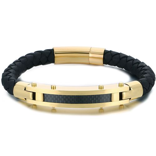 **COI Titanium Black/Gold Tone/Silver Carbon Fiber Genuine Leather Bracelet With Stainless Steel Clasp(Length: 8.27 inches)-9873AA