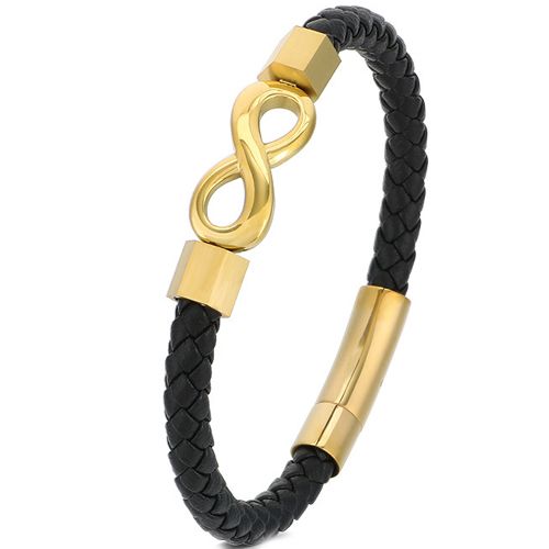 **COI Titanium Black/Gold Tone/Silver Infinity Genuine Leather Bracelet With Stainless Steel Clasp(Length: 8.27 inches)-9874AA