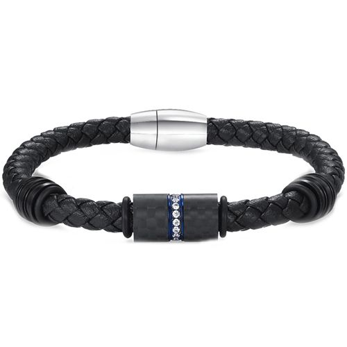 **COI Titanium Black Blue Carbon Fiber Genuine Leather Bracelet With Stainless Steel Clasp(Length: 8.46 inches)-9877AA