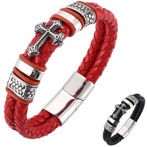 **COI Titanium Black Silver Cross Black/Red Genuine Leather Bracelet With Stainless Steel Clasp(Length: 8.27 inches)-9878AA