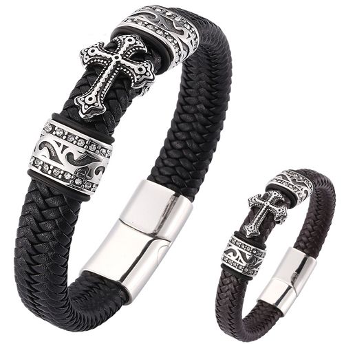 **COI Titanium Black Silver Cross Cubic Zirconia Black/Brown Genuine Leather Bracelet With Stainless Steel Clasp(Length: 8.27 inches)-9879AA