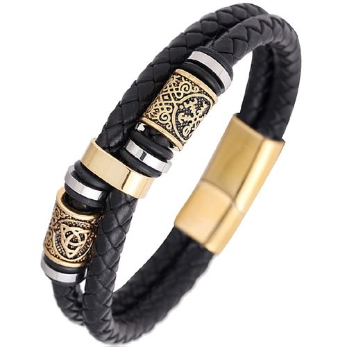 **COI Titanium Gold Tone/Silver Viking Celtic Black Genuine Leather Bracelet With Stainless Steel Clasp(Length: 8.46 inches)-9888AA