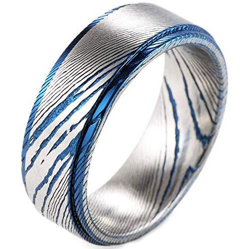 **COI Titanium Blue Silver Damascus Step Edges Ring-9891AA