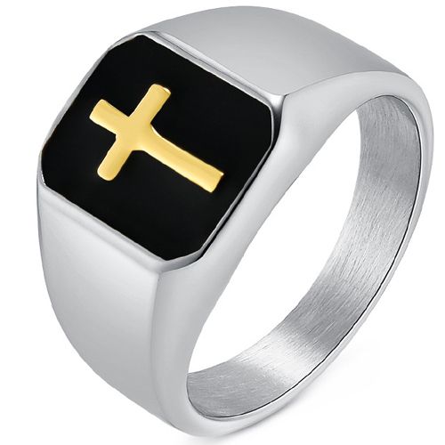 **COI Titanium Black Gold Tone Silver/Black Gold Tone Cross Ring-9899AA