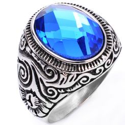 ***COI Titanium Black Silver Celtic Ring With Created Blue Topaz-00009AA