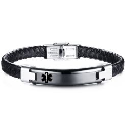 ***COI Titanium Black Silver Medical Alert Genuine Leather Bracelet With Steel Clasp(Length: 8.46 inches)-00027AA