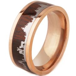 ***COI Titanium Black/Rose Deer & Forest Tree Ring With Wood-00054AA