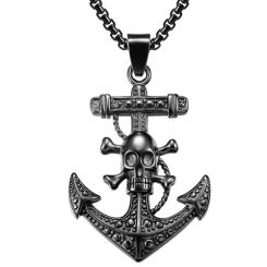 ***COI Titanium Black/ Gold Tone Silver Skull & Anchor Pendant-00073AA