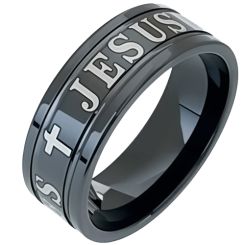 ***COI Black Titanium Double Grooves Cross Jesus Ring-00672AA