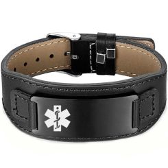 **COI Black Titanium Genuine Leather Medical Alert Bracelet With Steel Clasp(Length: 8.27 inches)-9866AA