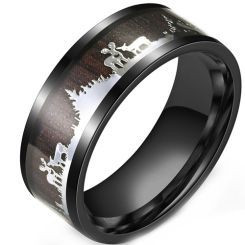 **COI Black Titanium Deer & Tree Ring With Wood-9968AA