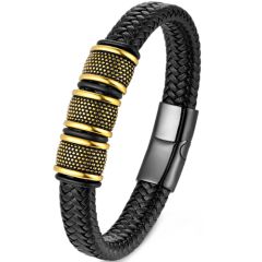 ***COI Titanium Black/Gold Tone/Silver Genuine Leather Bracelet With Steel Clasp(Length: 9.06 inches)-00120AA