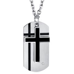 ***COI Titanium Black Silver Cross & Dog Tag Pendant With Cubic Zirconia-00313AA