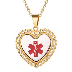 ***COI Titanium Gold Tone Silver Medical Alert Pendant With Cubic Zirconia-00454AA