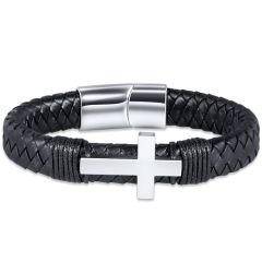 **COI Titanium Cross Black Genuine Leather Bracelet With Steel Clasp(Length: 7.87 inches)-9773AA