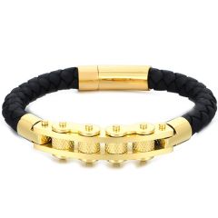 **COI Titanium Black/Gold Tone/Silver Genuine Leather Bracelet With Stainless Steel Clasp(Length: 8.27 inches)-9875AA