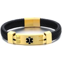 **COI Titanium Black/Gold Tone/Silver Medical Alert Genuine Leather Bracelet With Stainless Steel Clasp(Length: 8.27 inches)-9880AA