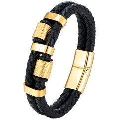 **COI Titanium Black/Gold Tone/Silver Genuine Leather Bracelet With Stainless Steel Clasp(Length: 8.07 inches)-9883AA