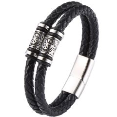 **COI Titanium Black Silver Viking Celtic Genuine Leather Bracelet With Stainless Steel Clasp(Length: 8.07 inches)-9884AA