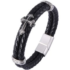 **COI Titanium Black Silver Cross Black Genuine Leather Bracelet With Stainless Steel Clasp(Length: 8.27 inches)-9887AA