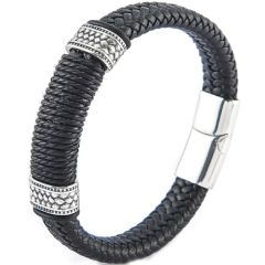 **COI Titanium Black Silver Genuine Leather Bracelet With Stainless Steel Clasp(Length: 8.27 inches)-9889AA