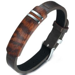 **COI Titanium Wood & Genuine Leather Bracelet With Steel Clasp(Length: 8.27 inches)-9963AA