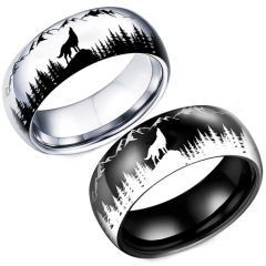 **COI Titanium Black/Silver Wolf Trees Forest & Mountain Ring-9965AA